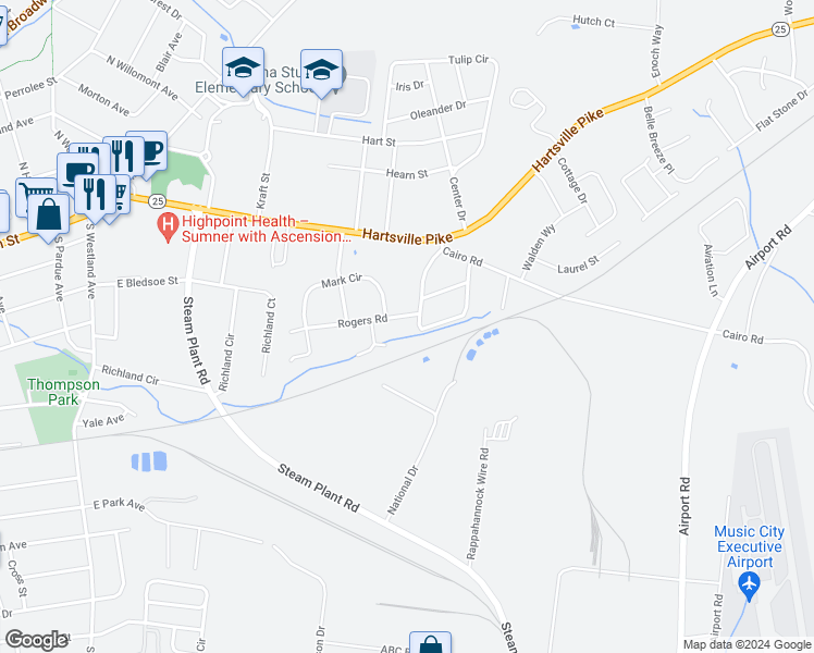 map of restaurants, bars, coffee shops, grocery stores, and more near 204 Donna Gale Drive in Gallatin