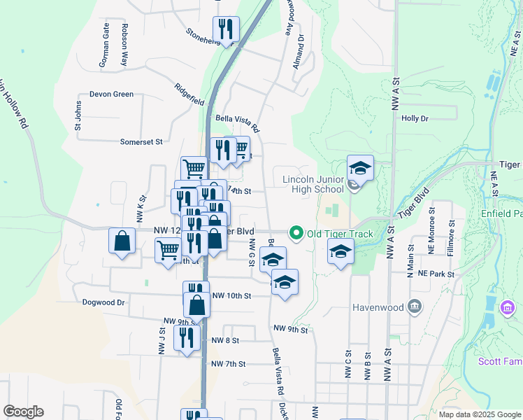map of restaurants, bars, coffee shops, grocery stores, and more near 703 Northwest 13th Street in Bentonville