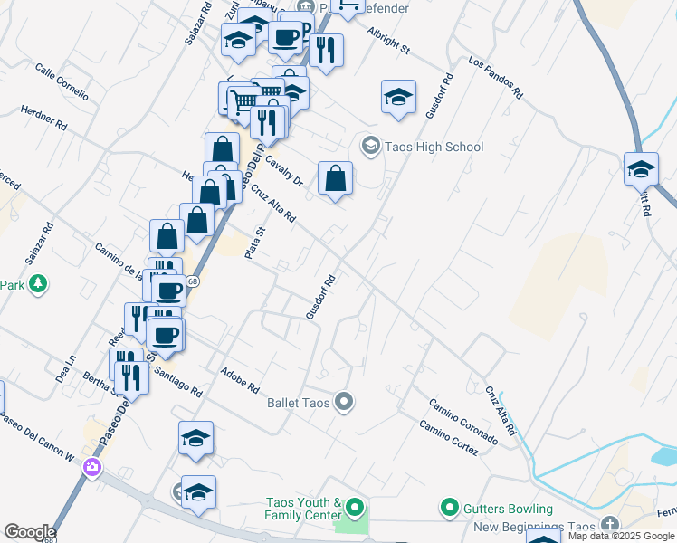 map of restaurants, bars, coffee shops, grocery stores, and more near 302 Cruz Alta Rd in Taos