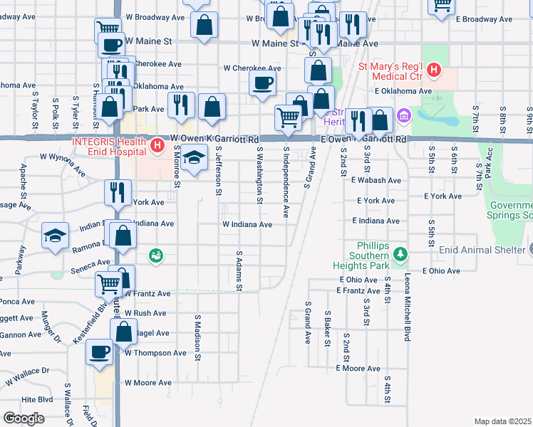 map of restaurants, bars, coffee shops, grocery stores, and more near 915 South Washington Street in Enid
