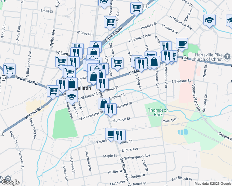 map of restaurants, bars, coffee shops, grocery stores, and more near 204 East Bledsoe Street in Gallatin