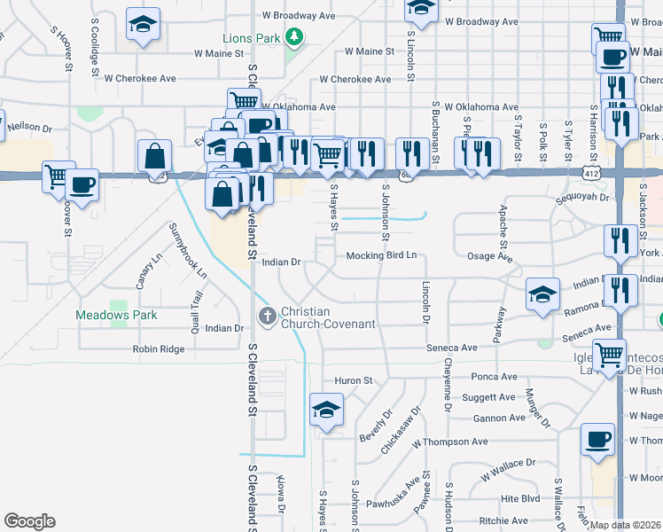 map of restaurants, bars, coffee shops, grocery stores, and more near 2002 Indian Drive in Enid