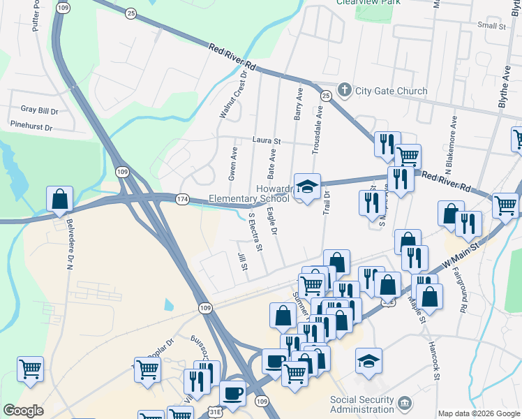 map of restaurants, bars, coffee shops, grocery stores, and more near 102 Eagle Drive in Gallatin