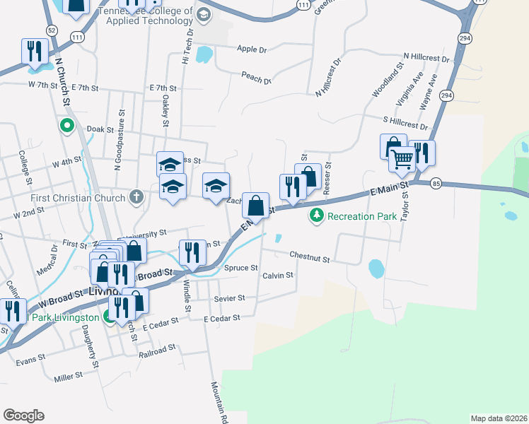 map of restaurants, bars, coffee shops, grocery stores, and more near 100 Myers Street in Livingston