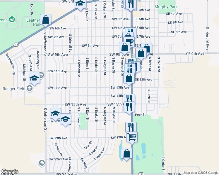 map of restaurants, bars, coffee shops, grocery stores, and more near 253 Southwest 13th Avenue in Perryton