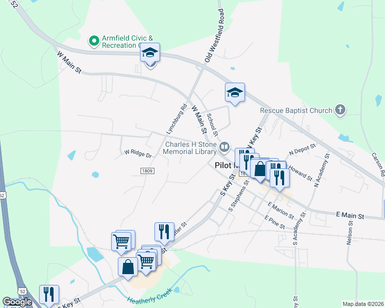 map of restaurants, bars, coffee shops, grocery stores, and more near 201 South Boyles Street in Pilot Mountain