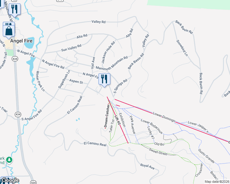 map of restaurants, bars, coffee shops, grocery stores, and more near 10 5 Springs Road in Angel Fire