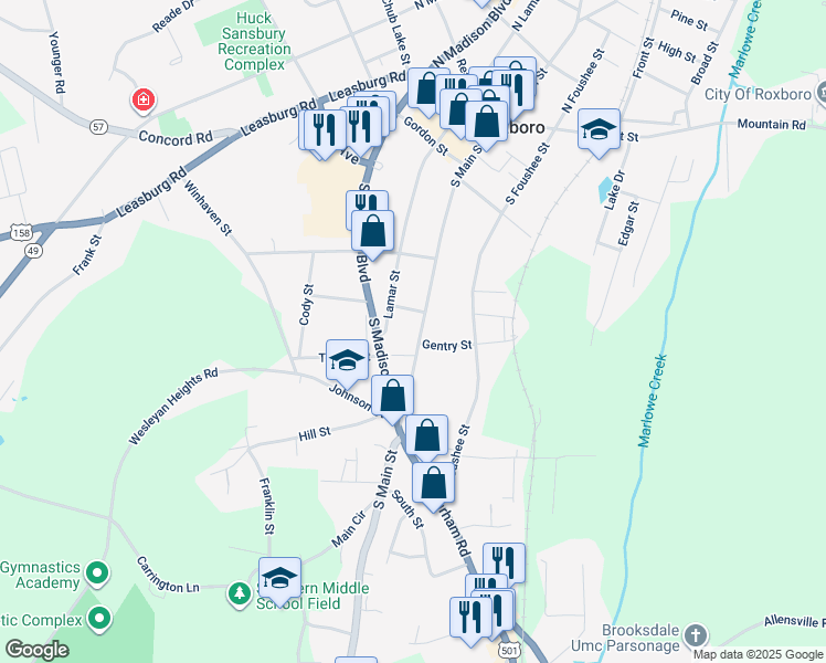 map of restaurants, bars, coffee shops, grocery stores, and more near 509 South Main Street in Roxboro