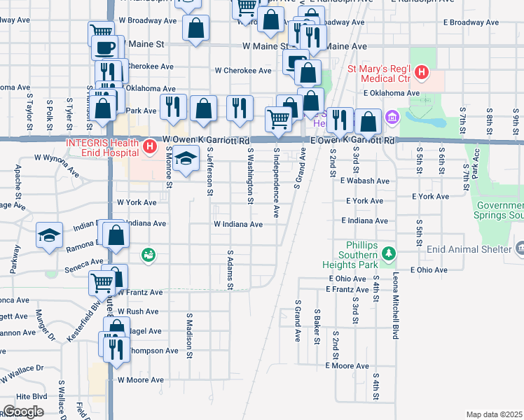 map of restaurants, bars, coffee shops, grocery stores, and more near 915 South Washington Street in Enid
