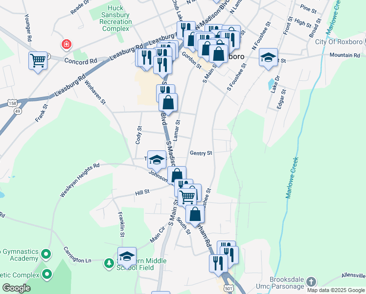 map of restaurants, bars, coffee shops, grocery stores, and more near 509 South Main Street in Roxboro