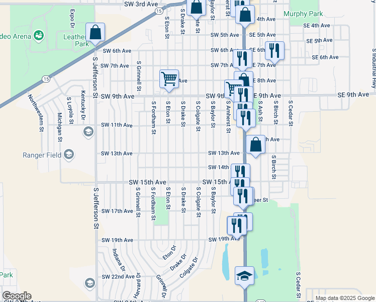 map of restaurants, bars, coffee shops, grocery stores, and more near 353-399 Southwest 13th Avenue in Perryton