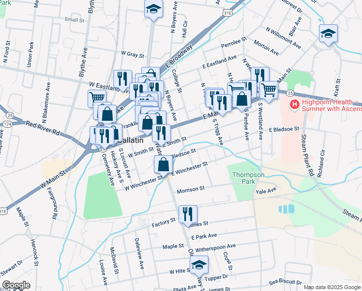 map of restaurants, bars, coffee shops, grocery stores, and more near 204 East Bledsoe Street in Gallatin
