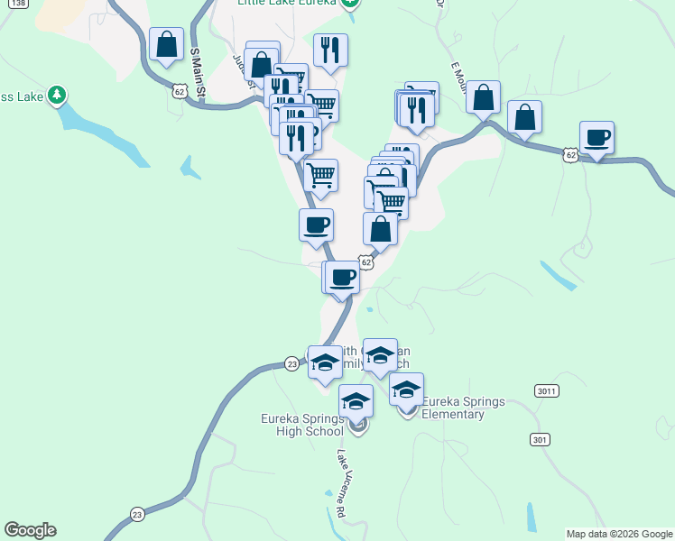 map of restaurants, bars, coffee shops, grocery stores, and more near 109 Huntsville Road in Eureka Springs