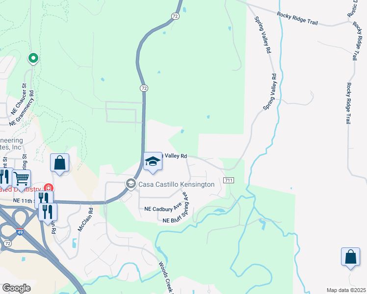 map of restaurants, bars, coffee shops, grocery stores, and more near 4705 Spring Valley Road in Bentonville