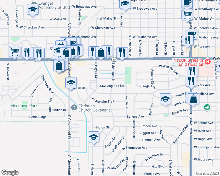 map of restaurants, bars, coffee shops, grocery stores, and more near 1902 Indian Drive in Enid