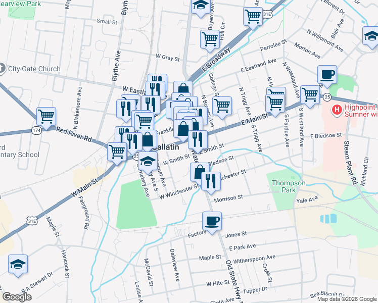 map of restaurants, bars, coffee shops, grocery stores, and more near 117 West Smith Street in Gallatin