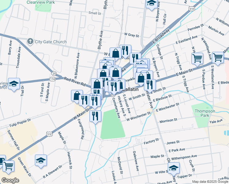 map of restaurants, bars, coffee shops, grocery stores, and more near 233 West Main Street in Gallatin