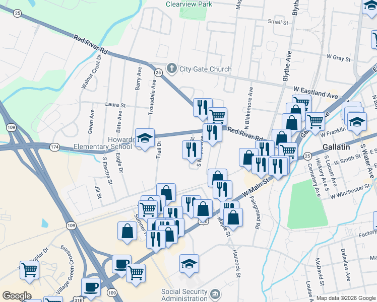 map of restaurants, bars, coffee shops, grocery stores, and more near 164 South Ford Street in Gallatin