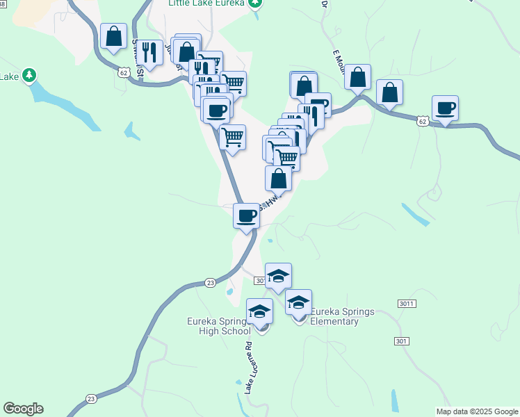 map of restaurants, bars, coffee shops, grocery stores, and more near 109 Huntsville Rd in Eureka Springs