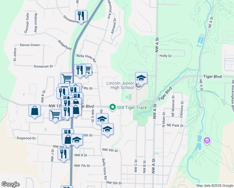 map of restaurants, bars, coffee shops, grocery stores, and more near 508 Tiger Boulevard in Bentonville