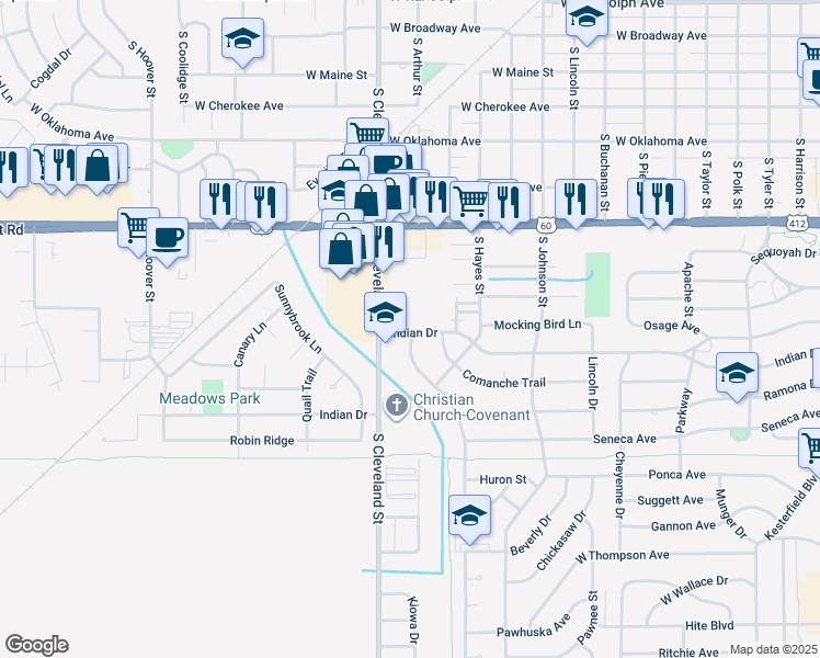 map of restaurants, bars, coffee shops, grocery stores, and more near 1005 Indian Terrace in Enid