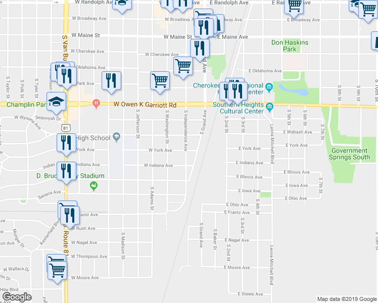 map of restaurants, bars, coffee shops, grocery stores, and more near 123 West York Avenue in Enid