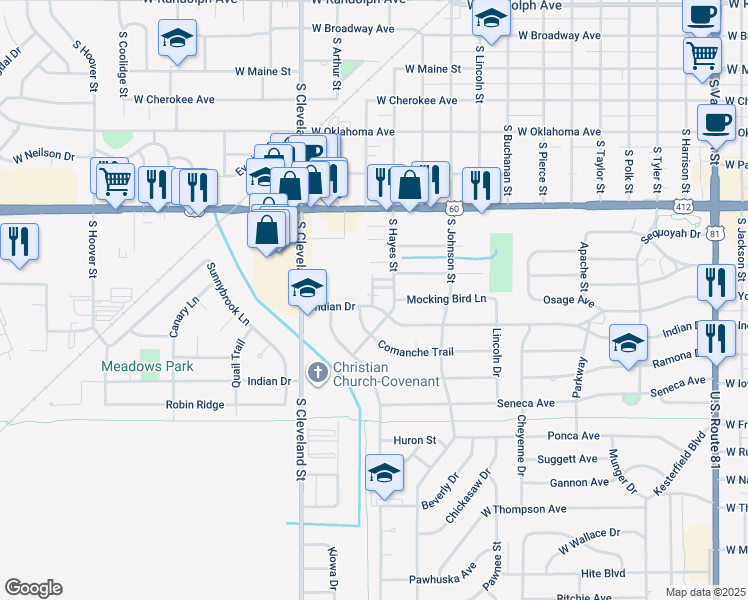 map of restaurants, bars, coffee shops, grocery stores, and more near 2118 Comanche Trail in Enid