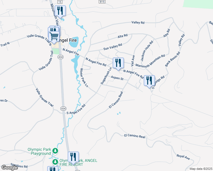 map of restaurants, bars, coffee shops, grocery stores, and more near 15 Squaw Valley Lane in Angel Fire