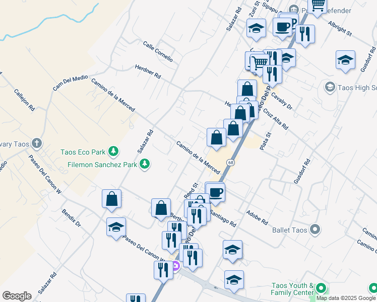 map of restaurants, bars, coffee shops, grocery stores, and more near 214 Camino de la Merced in Taos