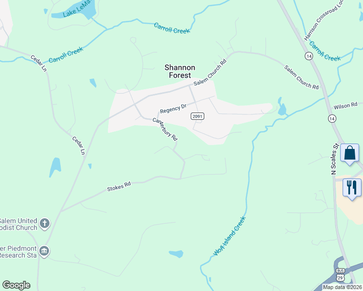 map of restaurants, bars, coffee shops, grocery stores, and more near 300 Canterbury Road in Reidsville