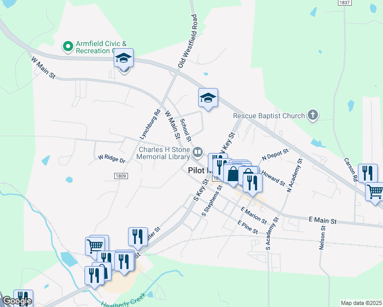 map of restaurants, bars, coffee shops, grocery stores, and more near 403 West Main Street in Pilot Mountain