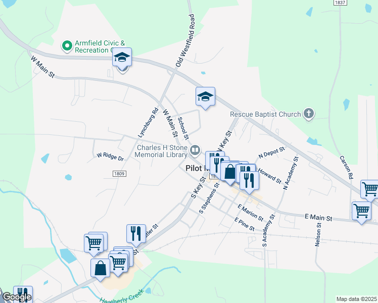 map of restaurants, bars, coffee shops, grocery stores, and more near 403 West Main Street in Pilot Mountain