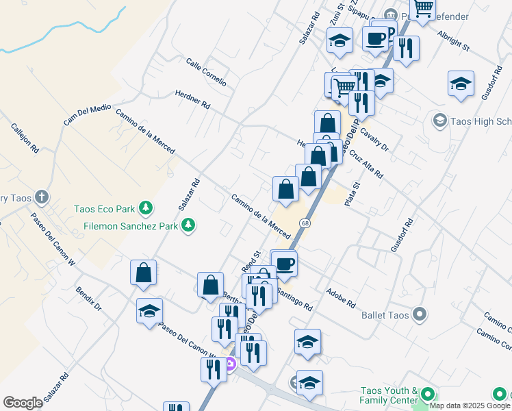 map of restaurants, bars, coffee shops, grocery stores, and more near 201 Camino de la Merced in Taos