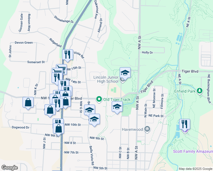 map of restaurants, bars, coffee shops, grocery stores, and more near 508 Tiger Boulevard in Bentonville