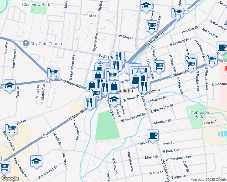 map of restaurants, bars, coffee shops, grocery stores, and more near 110 South Locust Avenue in Gallatin