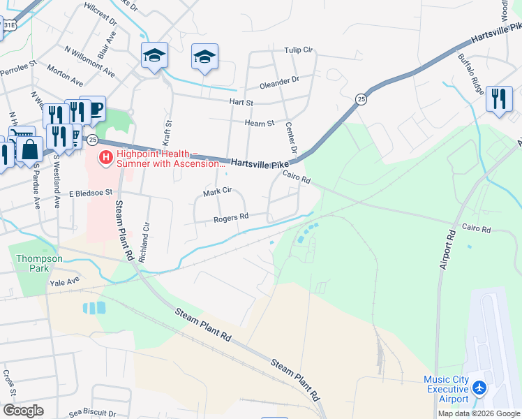 map of restaurants, bars, coffee shops, grocery stores, and more near 877 Leigh Lane in Gallatin