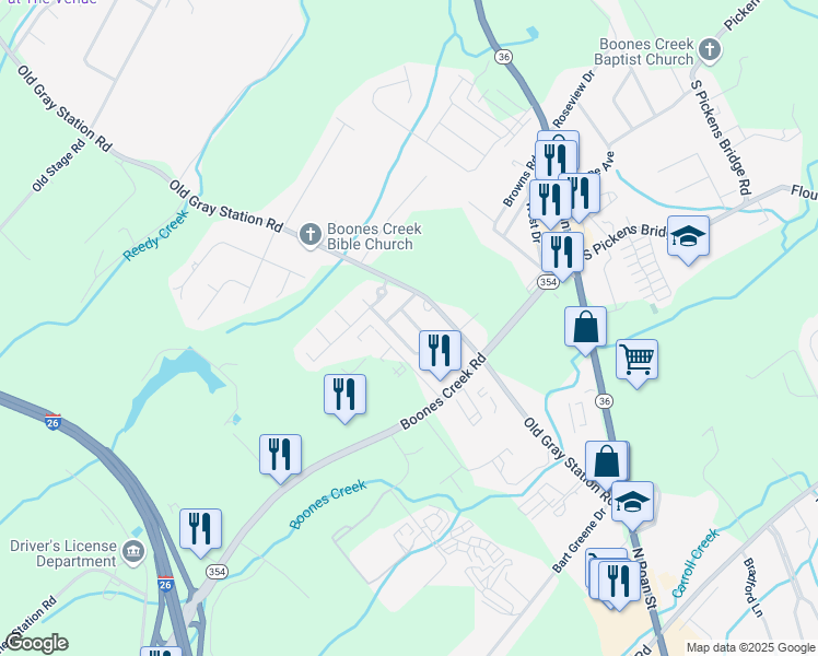 map of restaurants, bars, coffee shops, grocery stores, and more near 104 Daniels Way in Johnson City