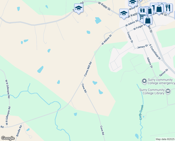 map of restaurants, bars, coffee shops, grocery stores, and more near Caves Mill Road in Dobson