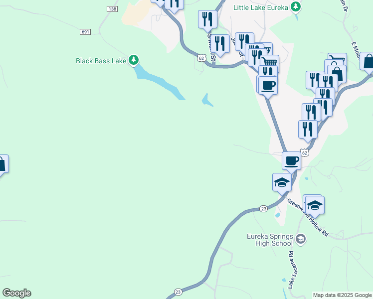 map of restaurants, bars, coffee shops, grocery stores, and more near 122 Jordan Dr in Eureka Springs