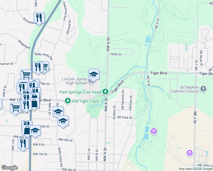 map of restaurants, bars, coffee shops, grocery stores, and more near 1223-1311 NW A St in Bentonville