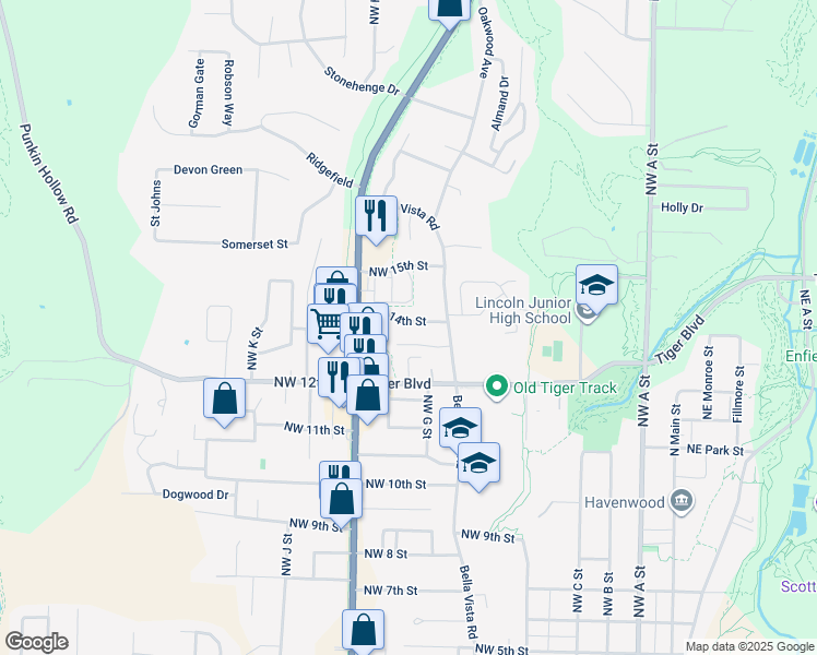 map of restaurants, bars, coffee shops, grocery stores, and more near 810 Northwest 14th Street in Bentonville