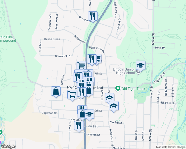 map of restaurants, bars, coffee shops, grocery stores, and more near 810 Northwest 14th Street in Bentonville