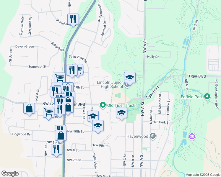 map of restaurants, bars, coffee shops, grocery stores, and more near 402 Camellia Drive in Bentonville