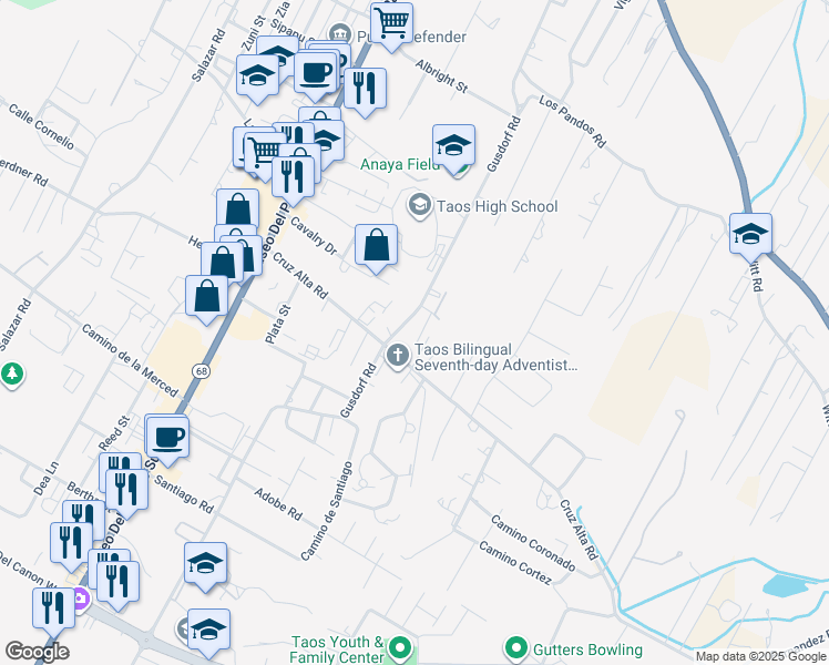 map of restaurants, bars, coffee shops, grocery stores, and more near 302 Cruz Alta Road in Taos