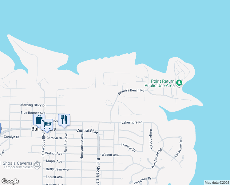 map of restaurants, bars, coffee shops, grocery stores, and more near 13-25 Walden Lane in Bull Shoals