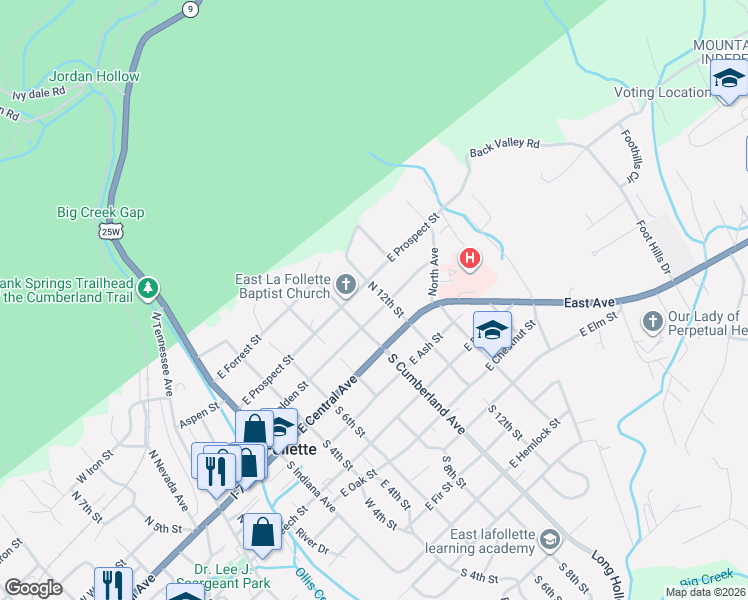 map of restaurants, bars, coffee shops, grocery stores, and more near 806 East Prospect Street in LaFollette