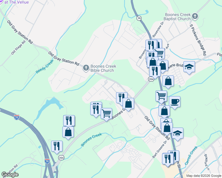 map of restaurants, bars, coffee shops, grocery stores, and more near 104 Daniels Way in Johnson City