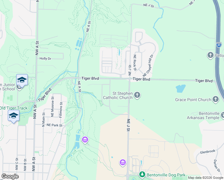 map of restaurants, bars, coffee shops, grocery stores, and more near 1218 Northeast Buckingham Boulevard in Bentonville