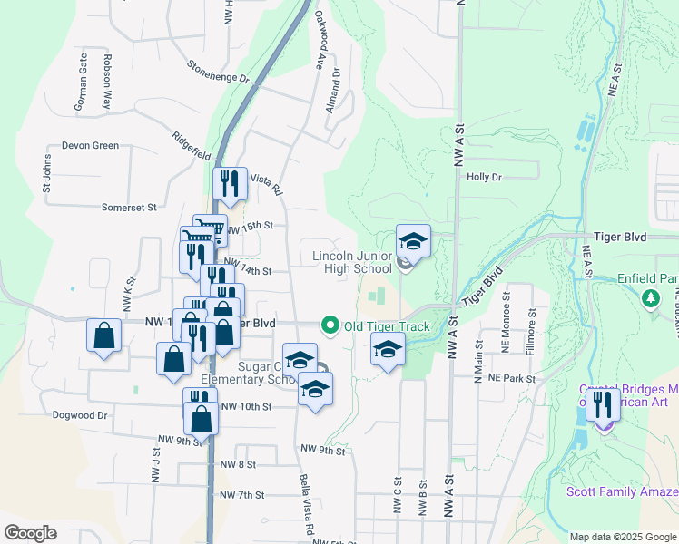 map of restaurants, bars, coffee shops, grocery stores, and more near 402 Camellia Drive in Bentonville