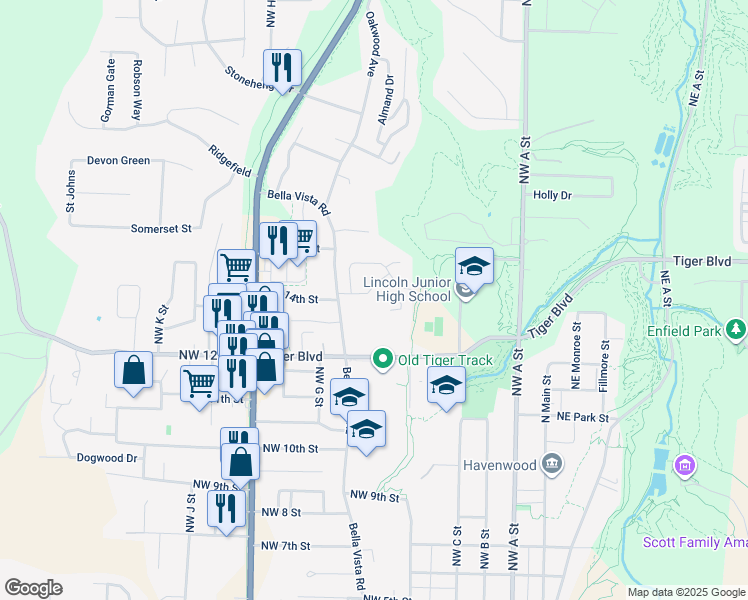 map of restaurants, bars, coffee shops, grocery stores, and more near 508 Braithwaite Street in Bentonville